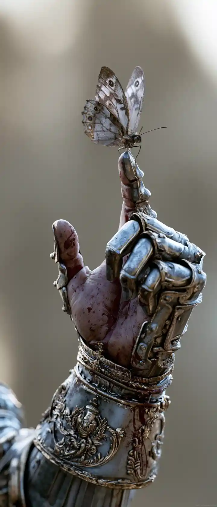 Armored knight hand with butterfly landing on fingertip