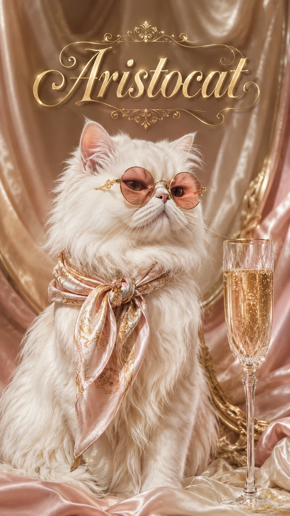 Persian cat in glasses with champagne in elegant portrait