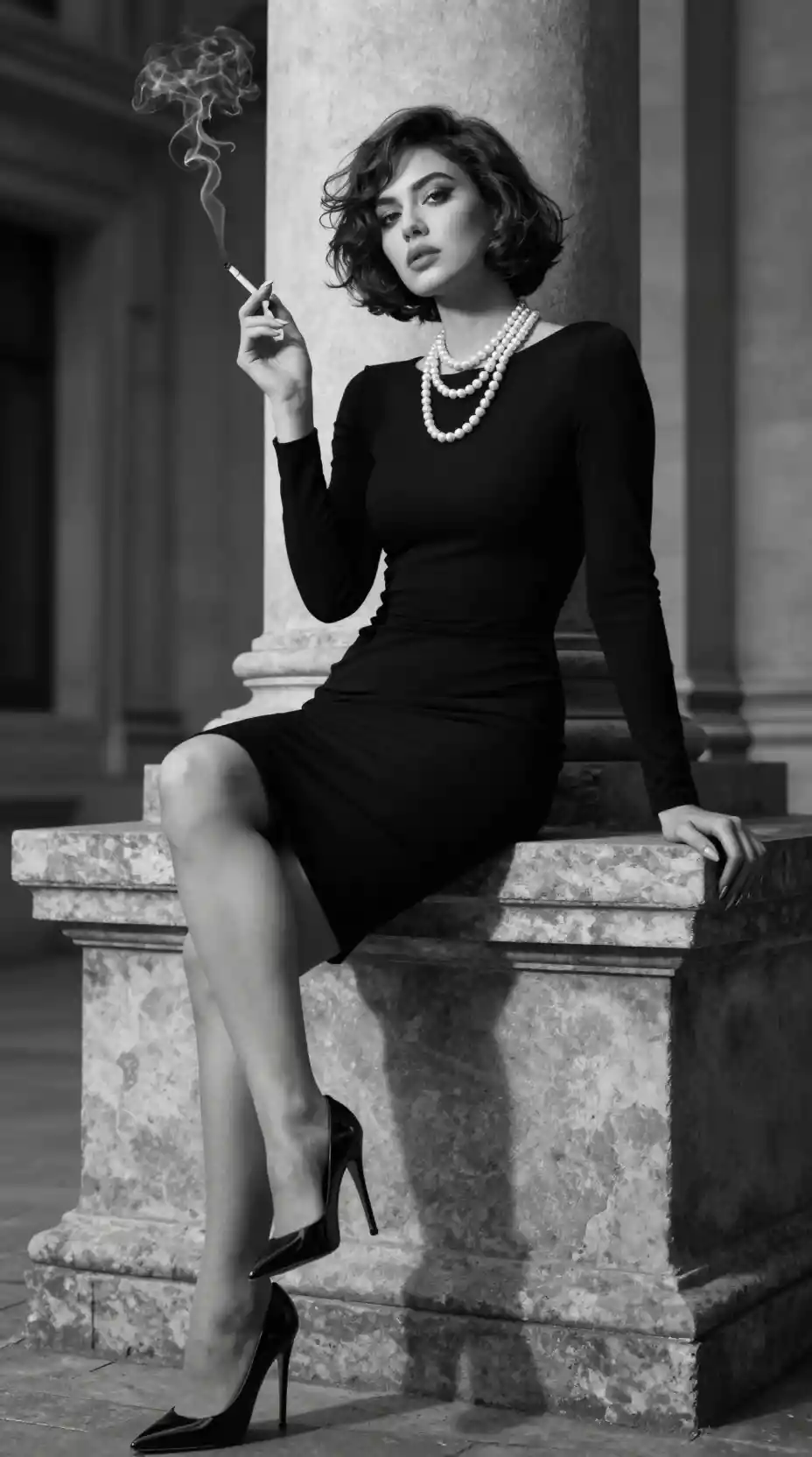 Retrato de moda en blanco y negro de una joven elegante y segura