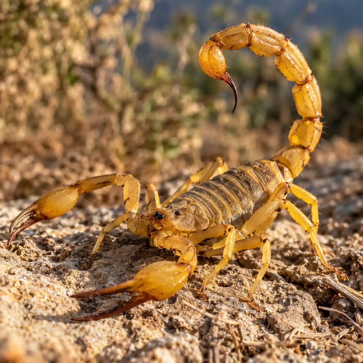 Makroansicht eines gelben Skorpions auf sonnenbeschienenem felsigem Boden