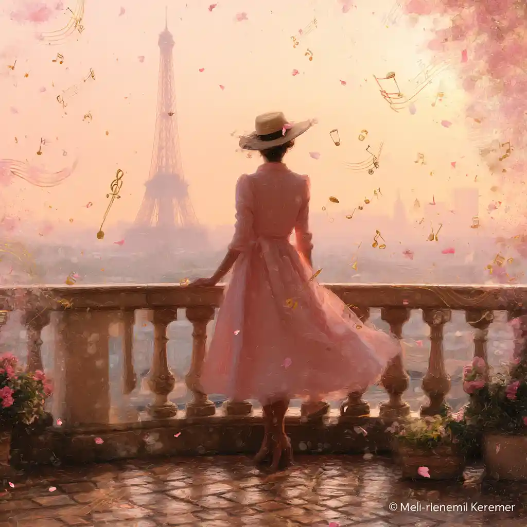 Elegant vintage woman on paris balcony at sunset