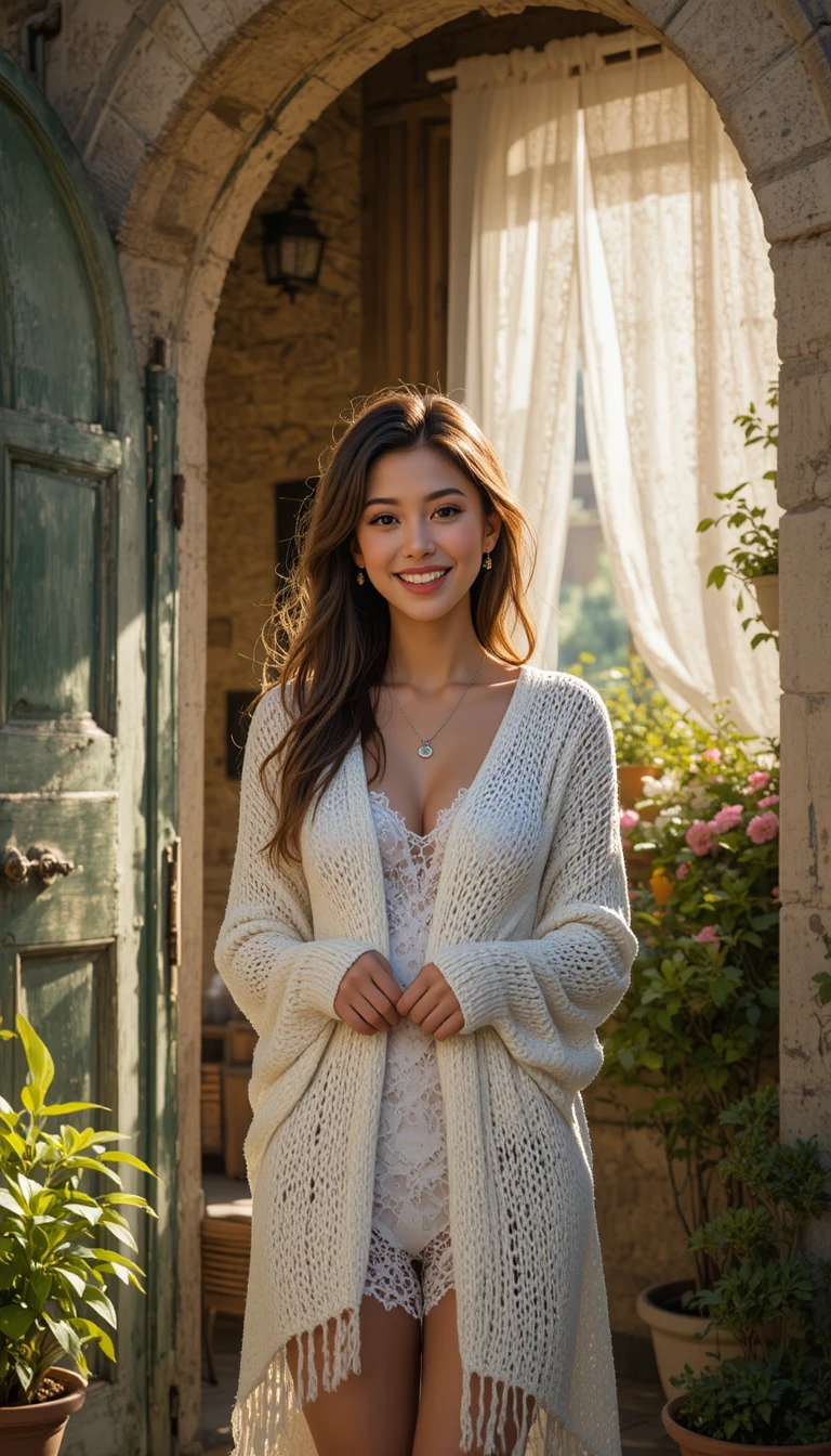 柔和夏日光線下站在鄉村拱形門旁微笑的女子