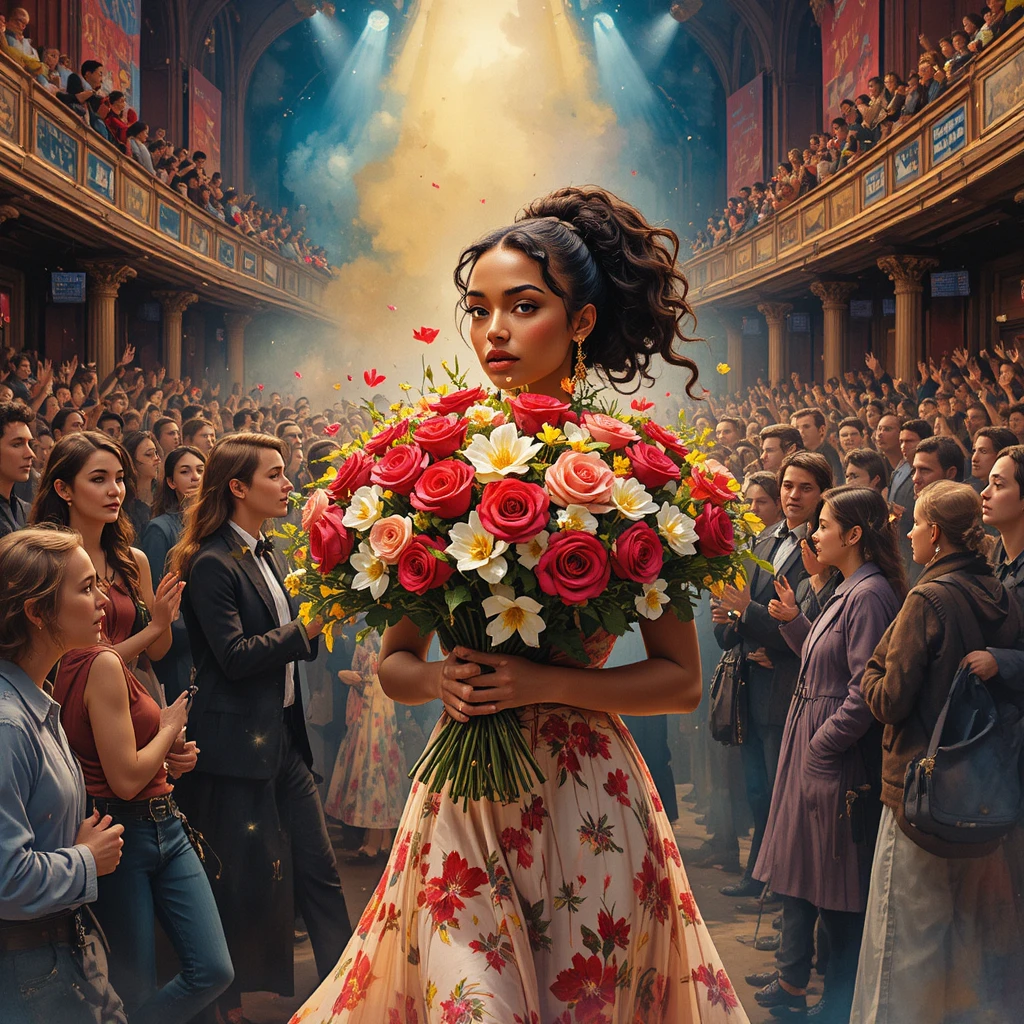 Joven con flores abriéndose paso entre la multitud de un concierto