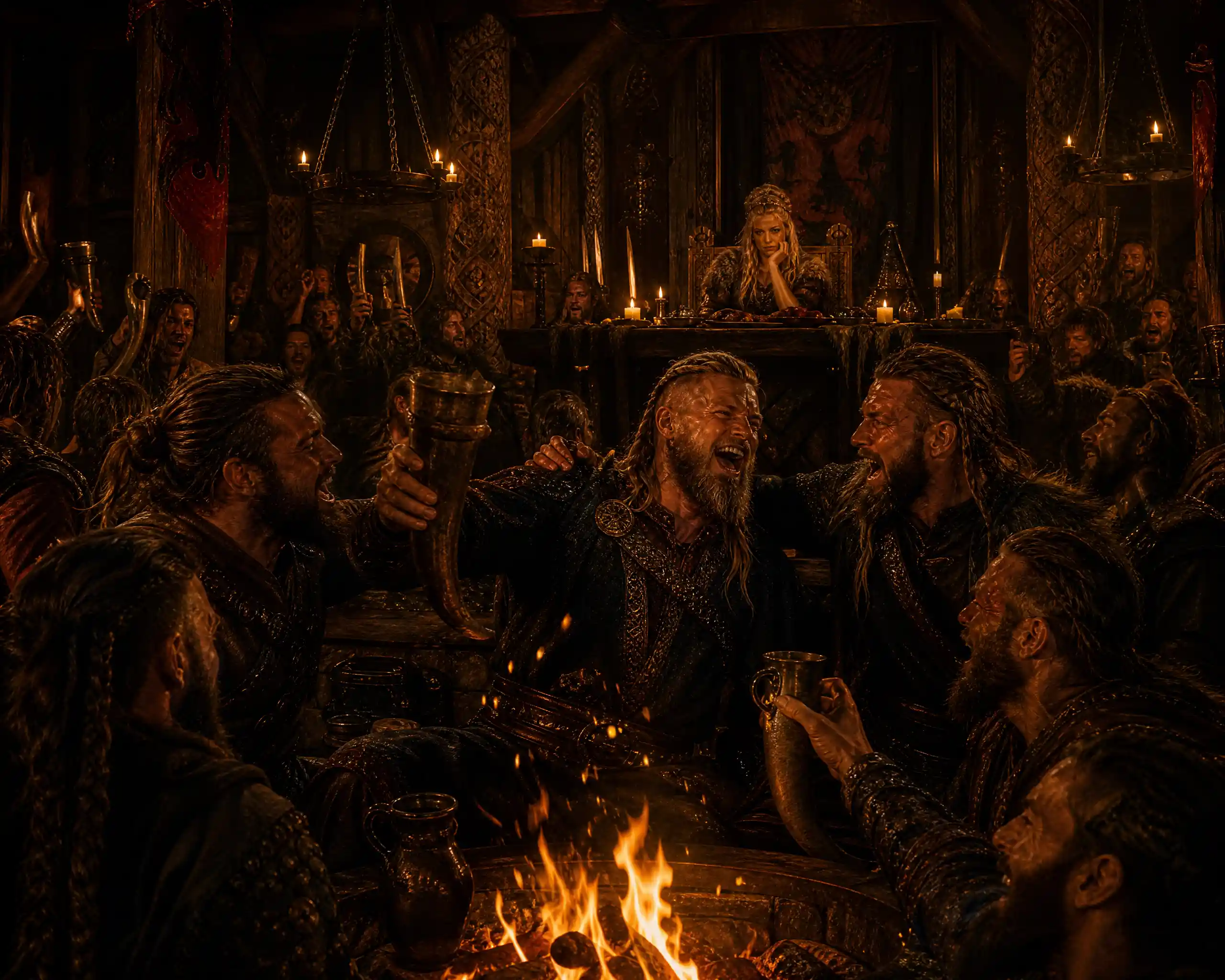 Viking groom celebrating with friends in a firelit hall