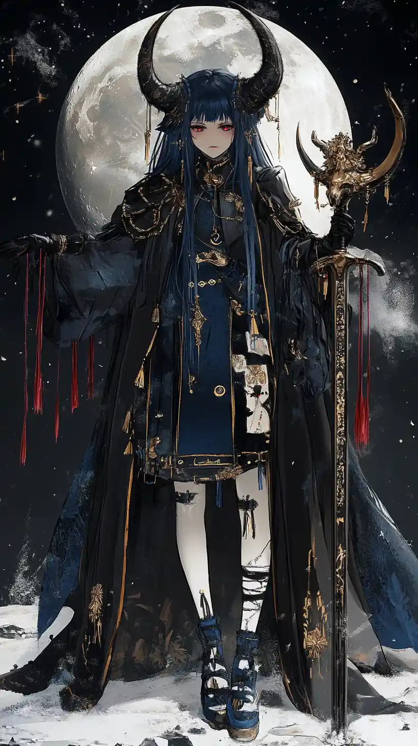 Sad horned girl in a dark fantasy moonlit world
