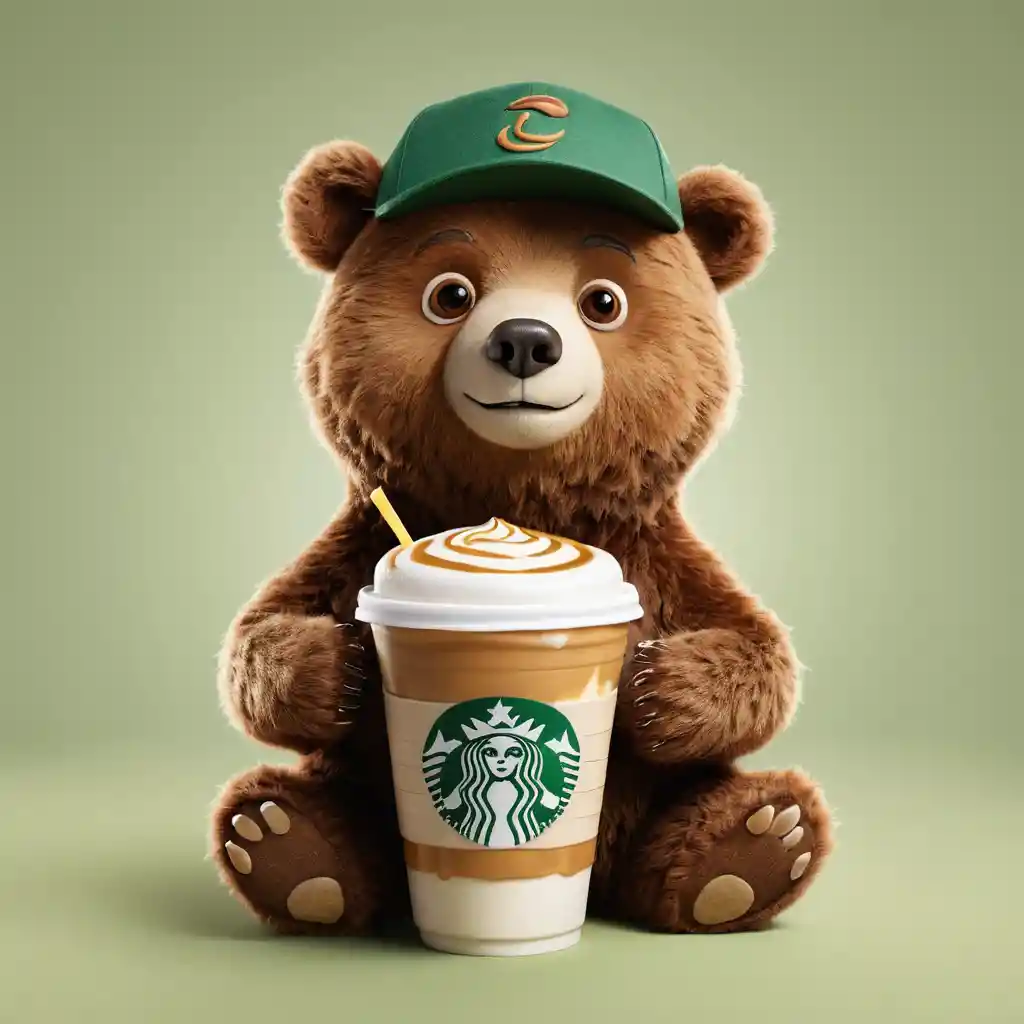 Confident coffee bear mascot with iced palm sugar latte