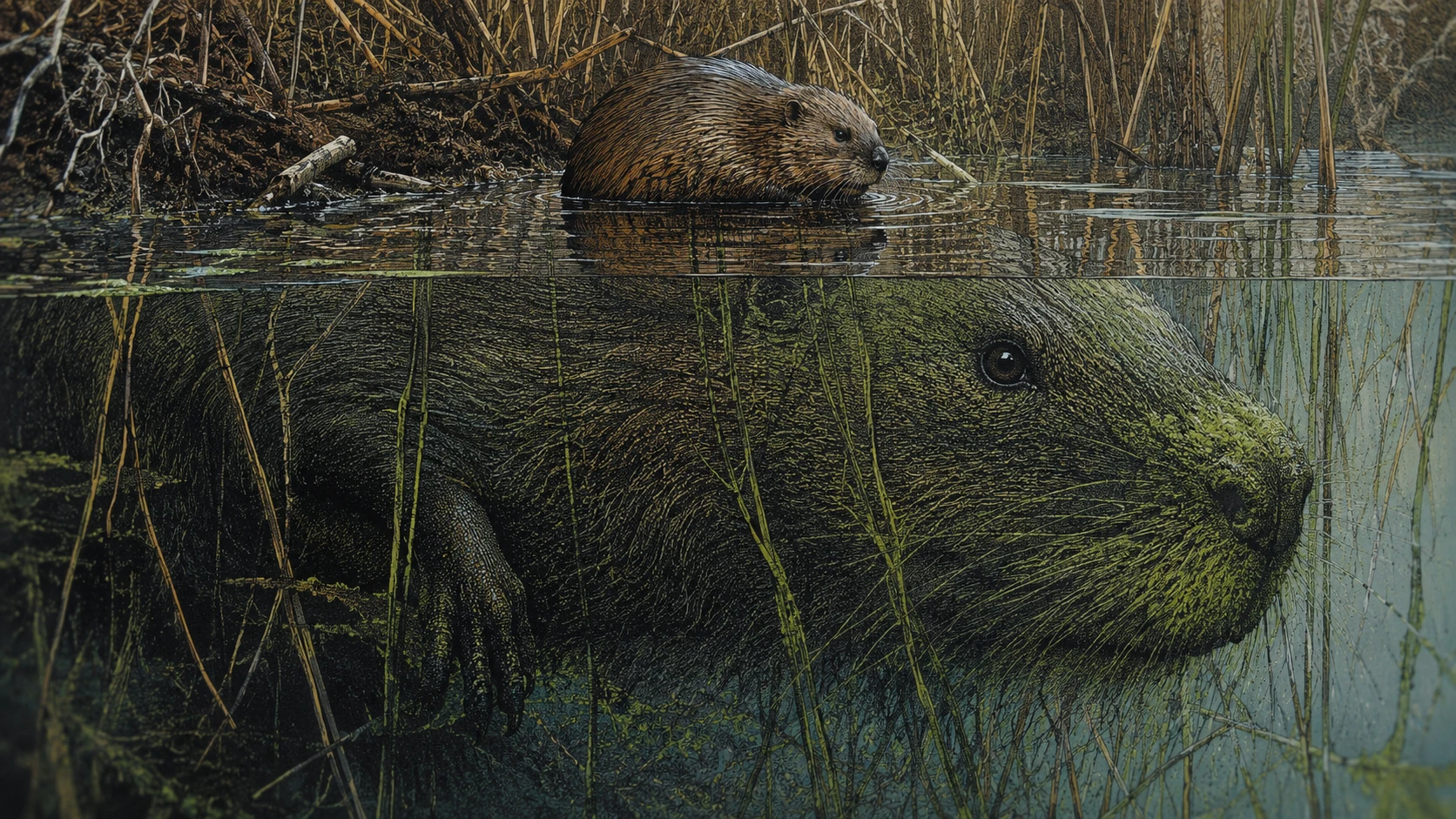 Muskrat At Wetland Edge With Vast Reflected Creature