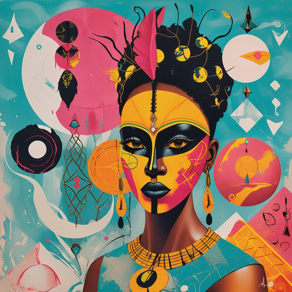 Surreal Afrocentric abstract portrait with tribal mask motifs