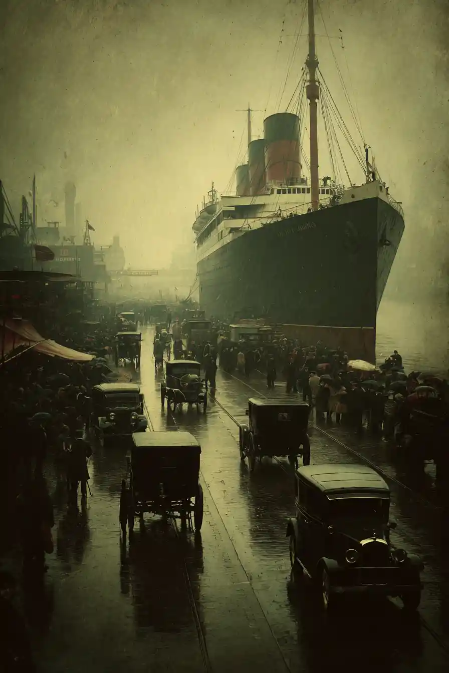 Transatlántico de principios del siglo XX saliendo de un puerto concurrido