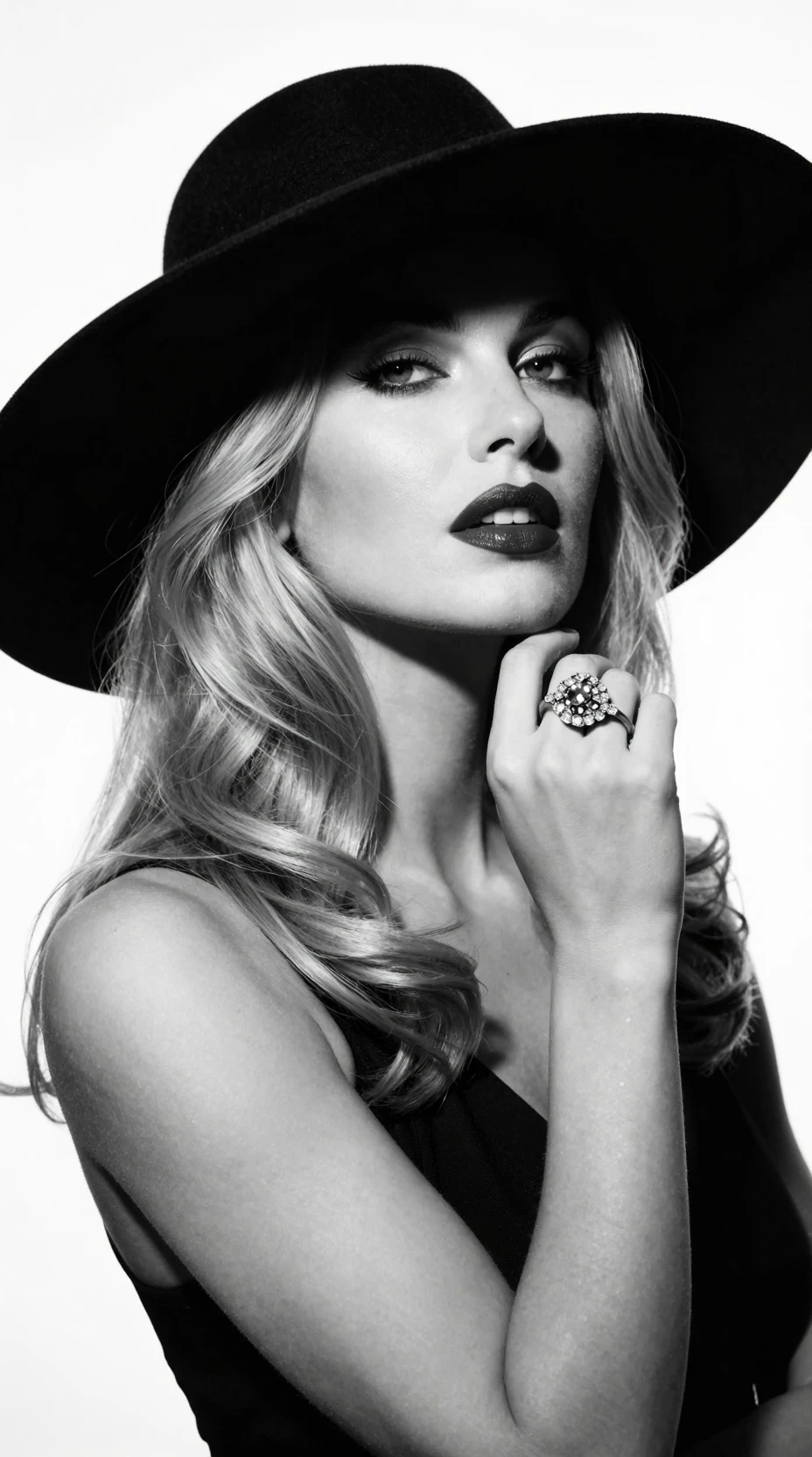 Donna glamour con cappello a tesa larga in ritratto in bianco e nero