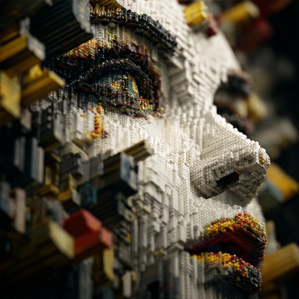 Surreal cubic female face built by tiny workers