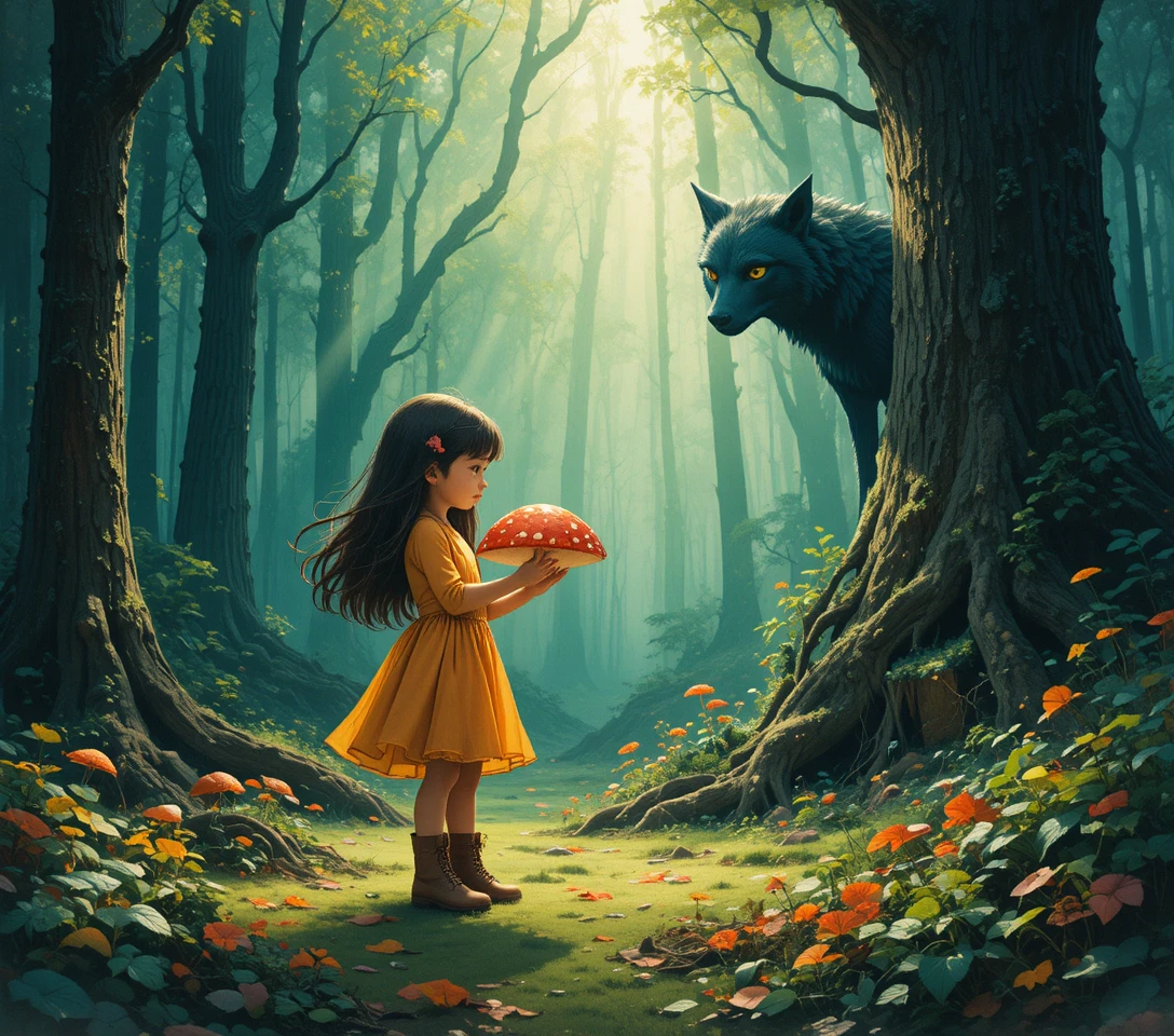 Curious girl kneeling in sunlit misty forest clearing