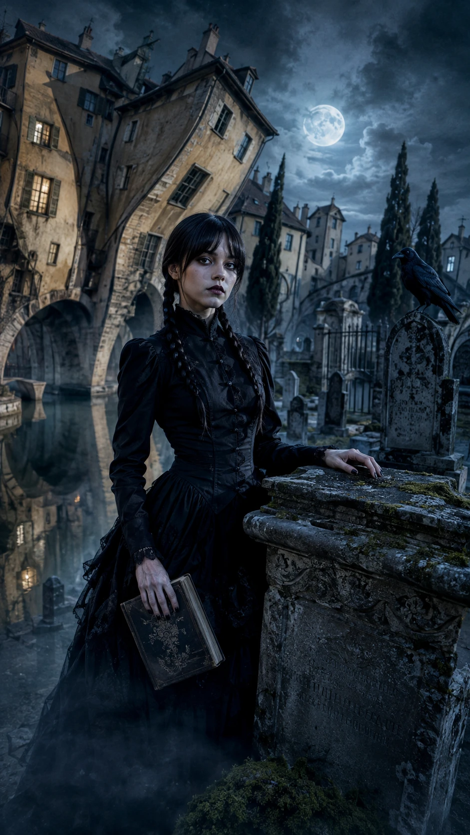 Gothic woman by a moss covered grave in moonlit mist