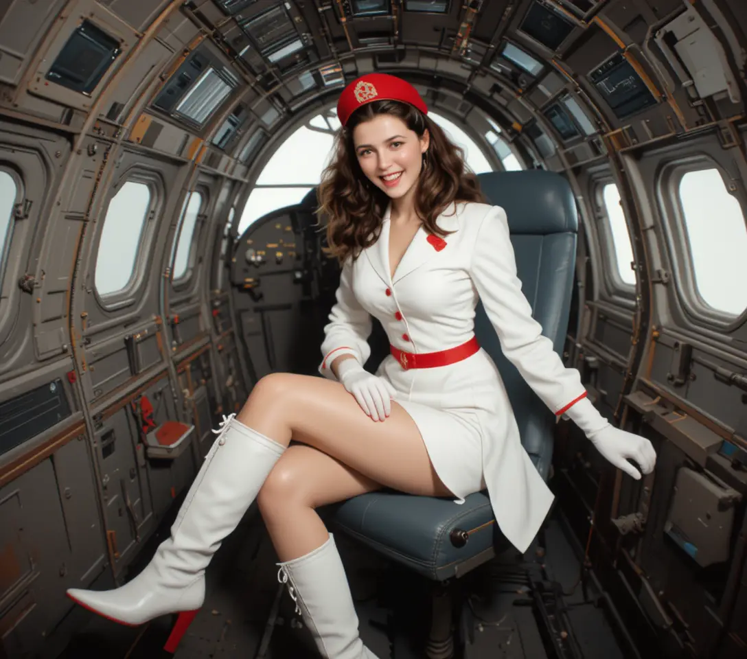 Mujer sentada en la cabina de un avión DC‑3 vintage