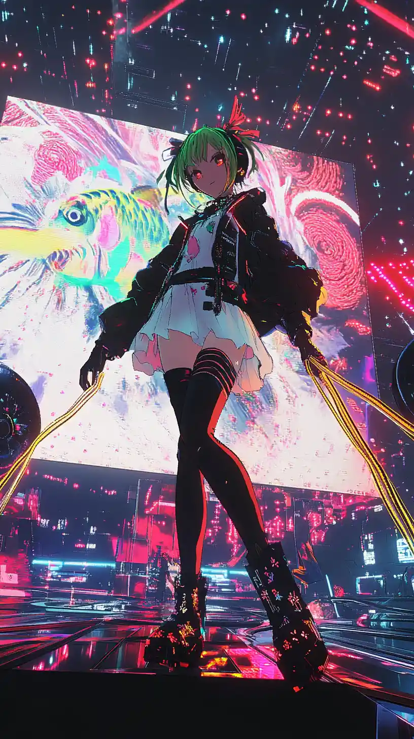 Chica anime cantando en un escenario de concierto futurista