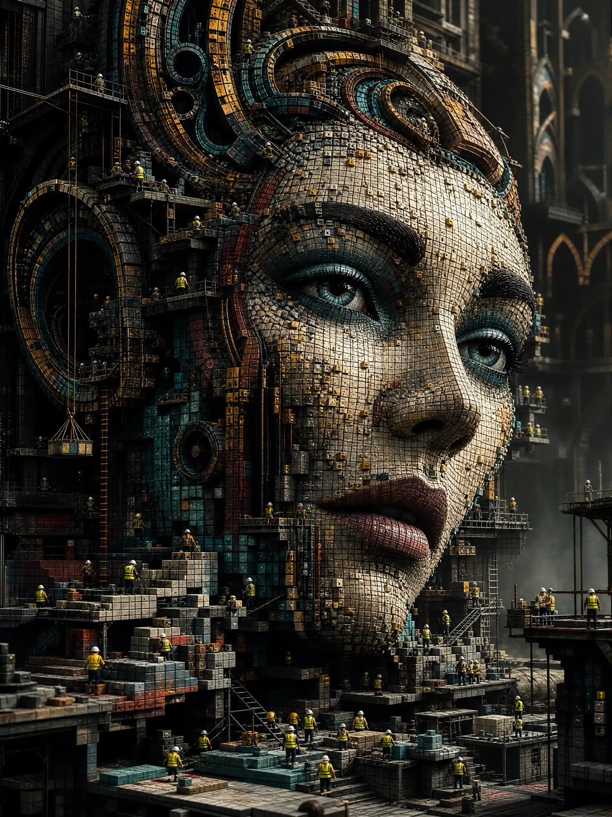 Surreal female face built from tiny colorful cubes