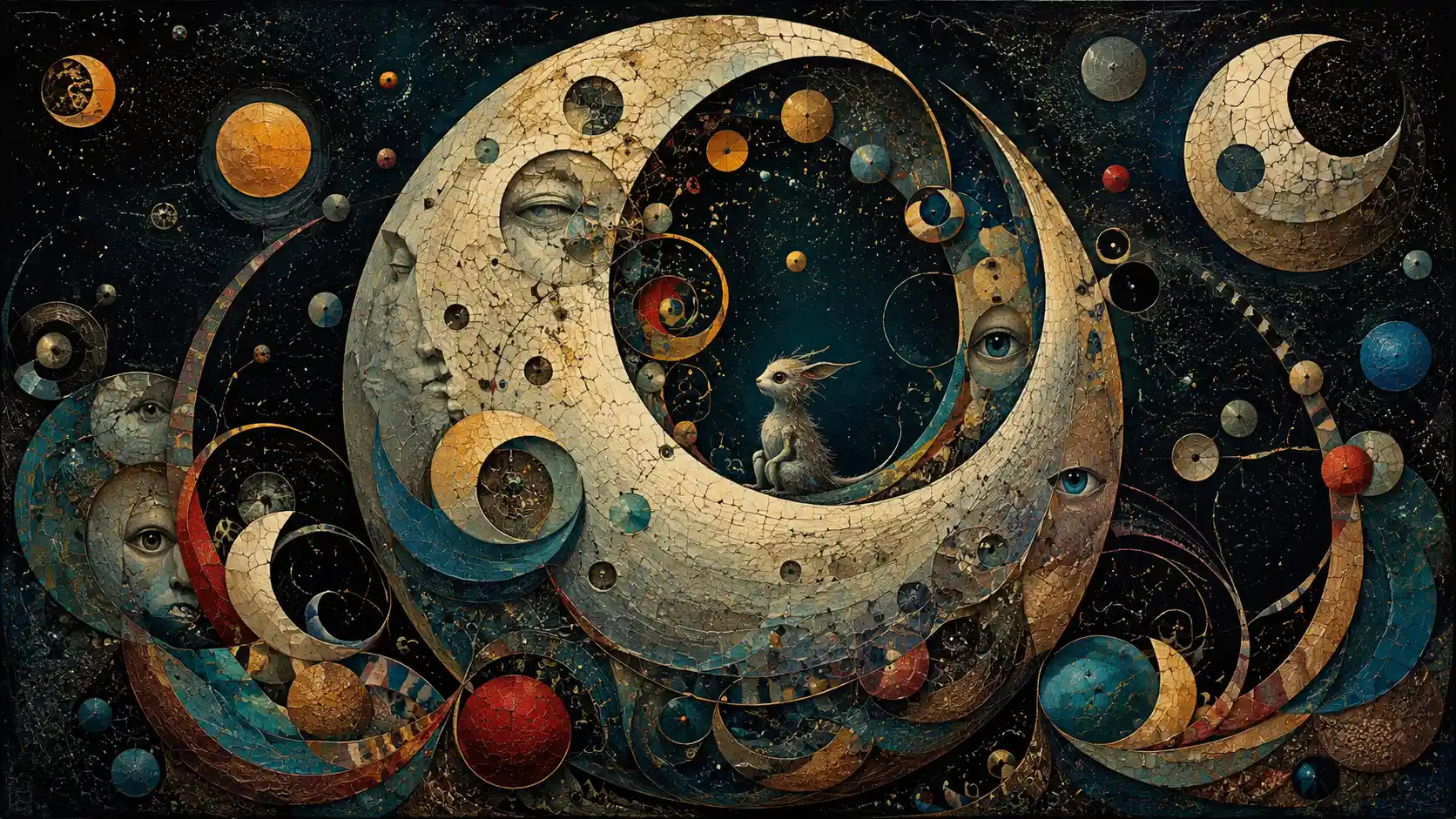 Surreal fractured moon with hidden faces in cosmic space
