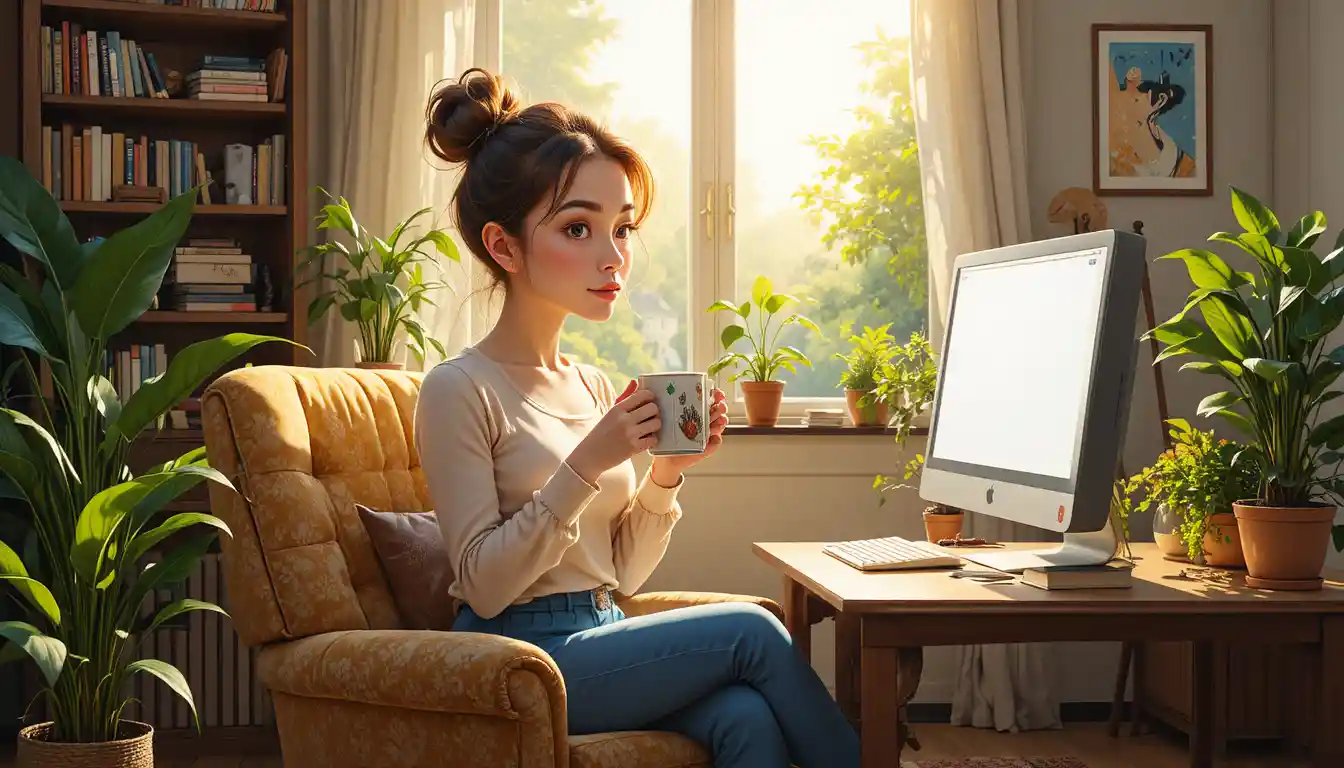 Woman writing on laptop in a sunlit cozy living room