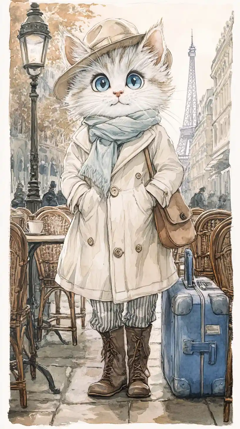Stylish anthropomorphic kitten at a Parisian street cafe