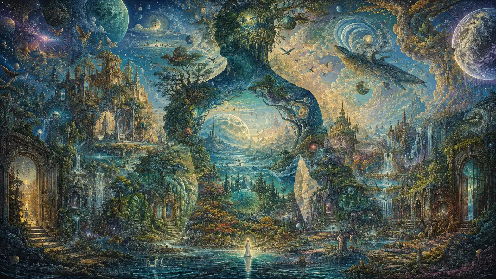Mundo surreal de seres celestiais e criatura transformada
