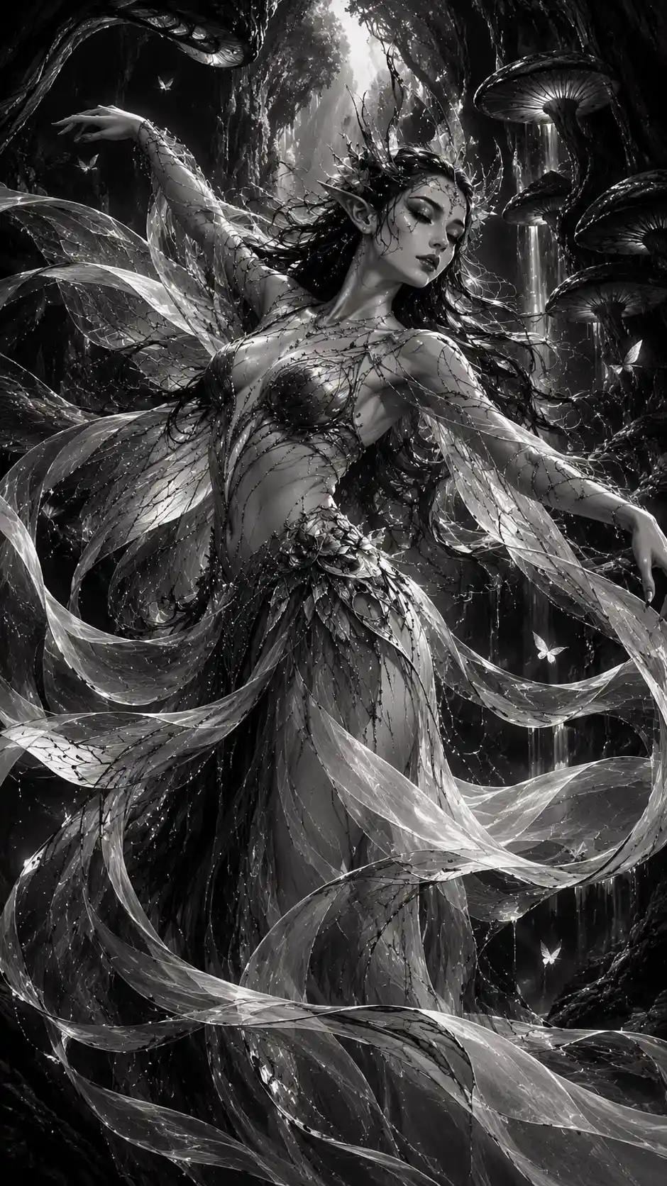 Disegno fantasy a inchiostro ad alto contrasto con distorsioni gotiche