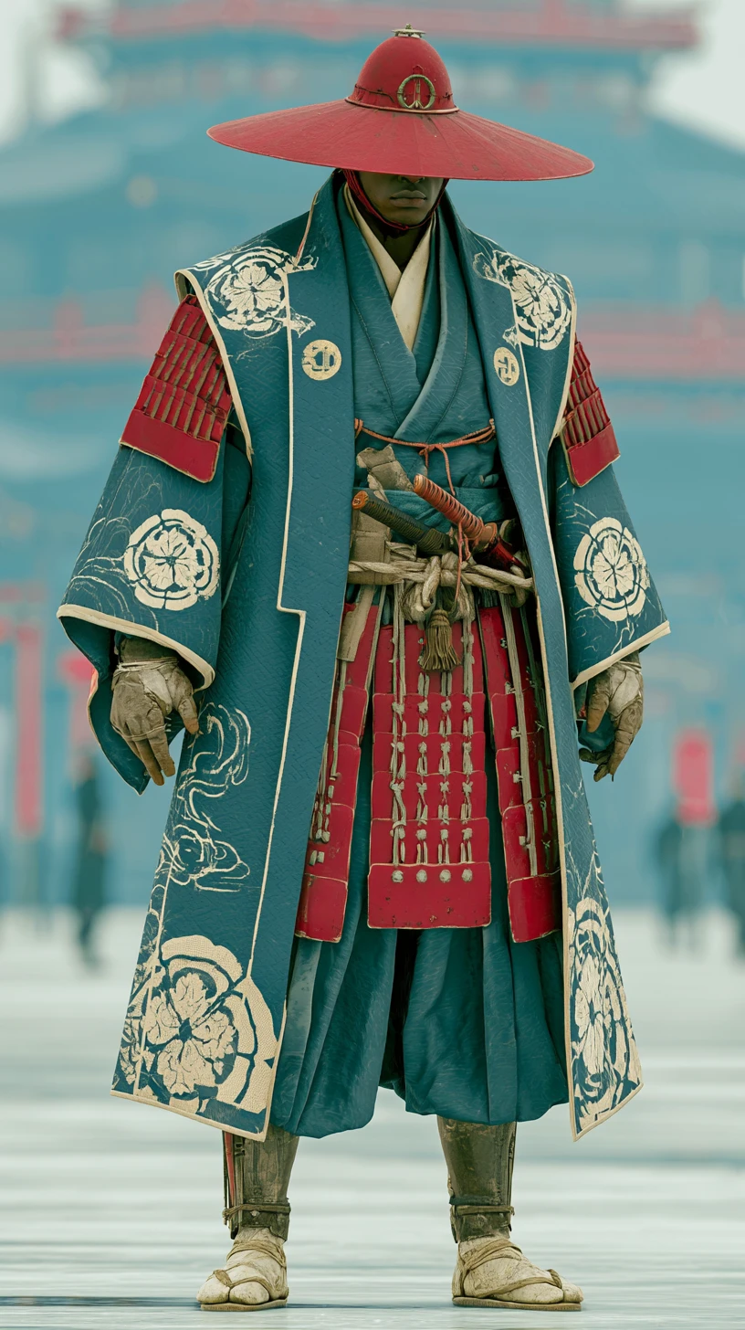 Ninja japonés feudal con estilo de proxeneta frente a un castillo medieval