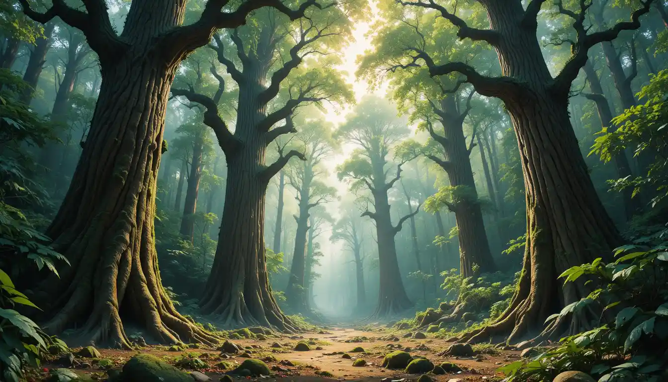 Ancient twisted trees in a deep enchanted forest