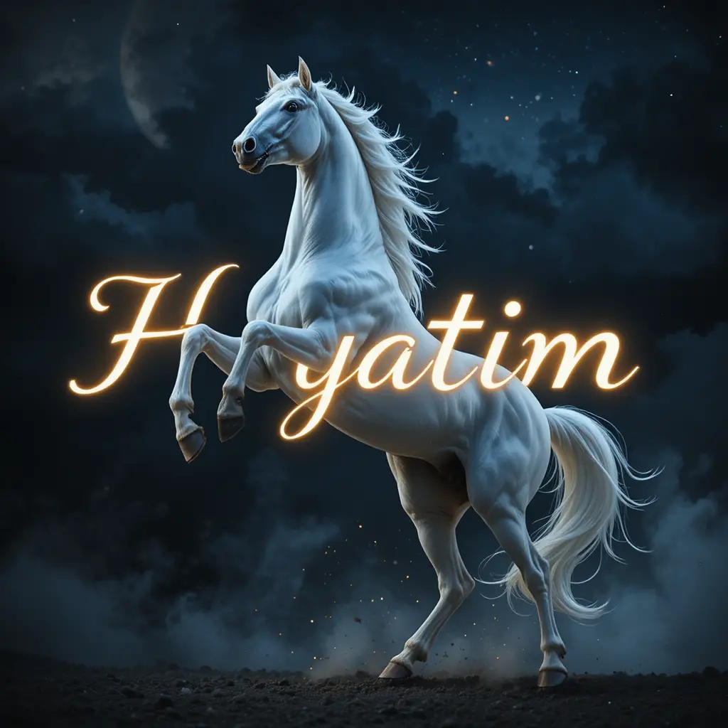 White horse rearing under moonlit Turkish word Hayatım