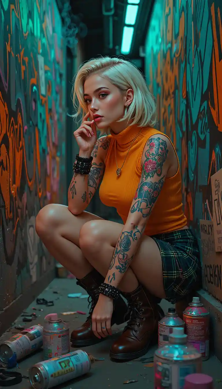 Chica rubia de anime fumando en un callejón urbano oscuro