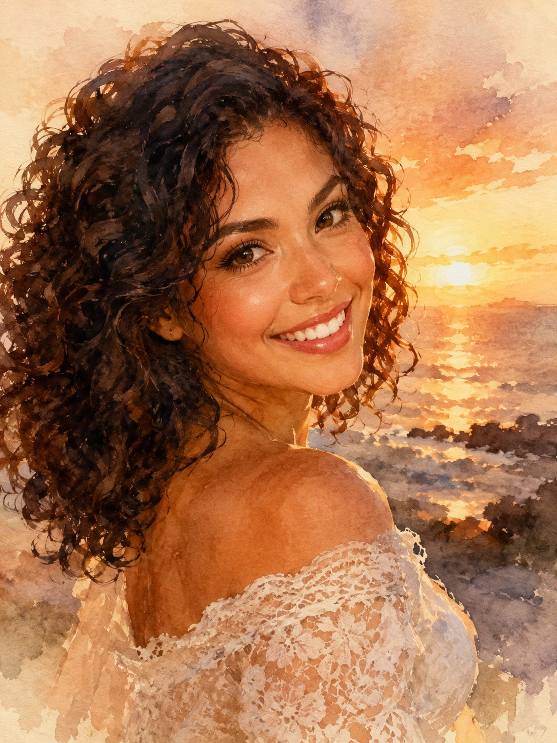 Retrato en acuarela de una mujer hispana sonriente en la playa al atardecer