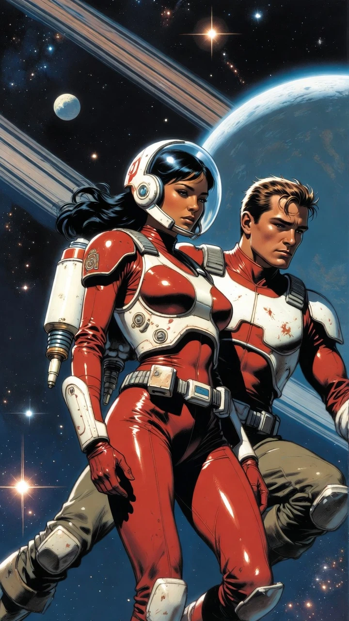 Femme indienne en armure spatiale rouge volant dans l’espace