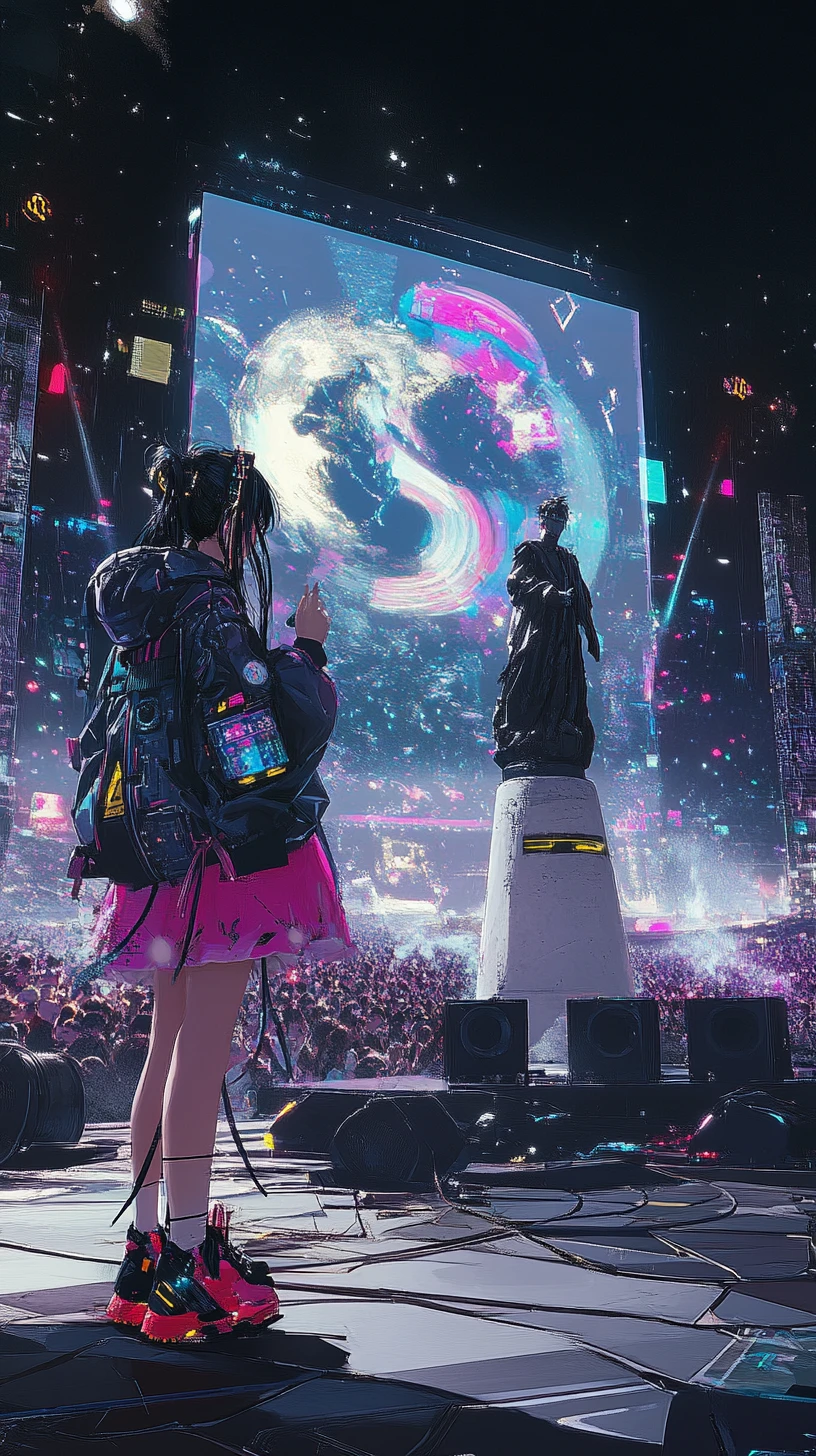Chica de anime cantando en un escenario de concierto futurista