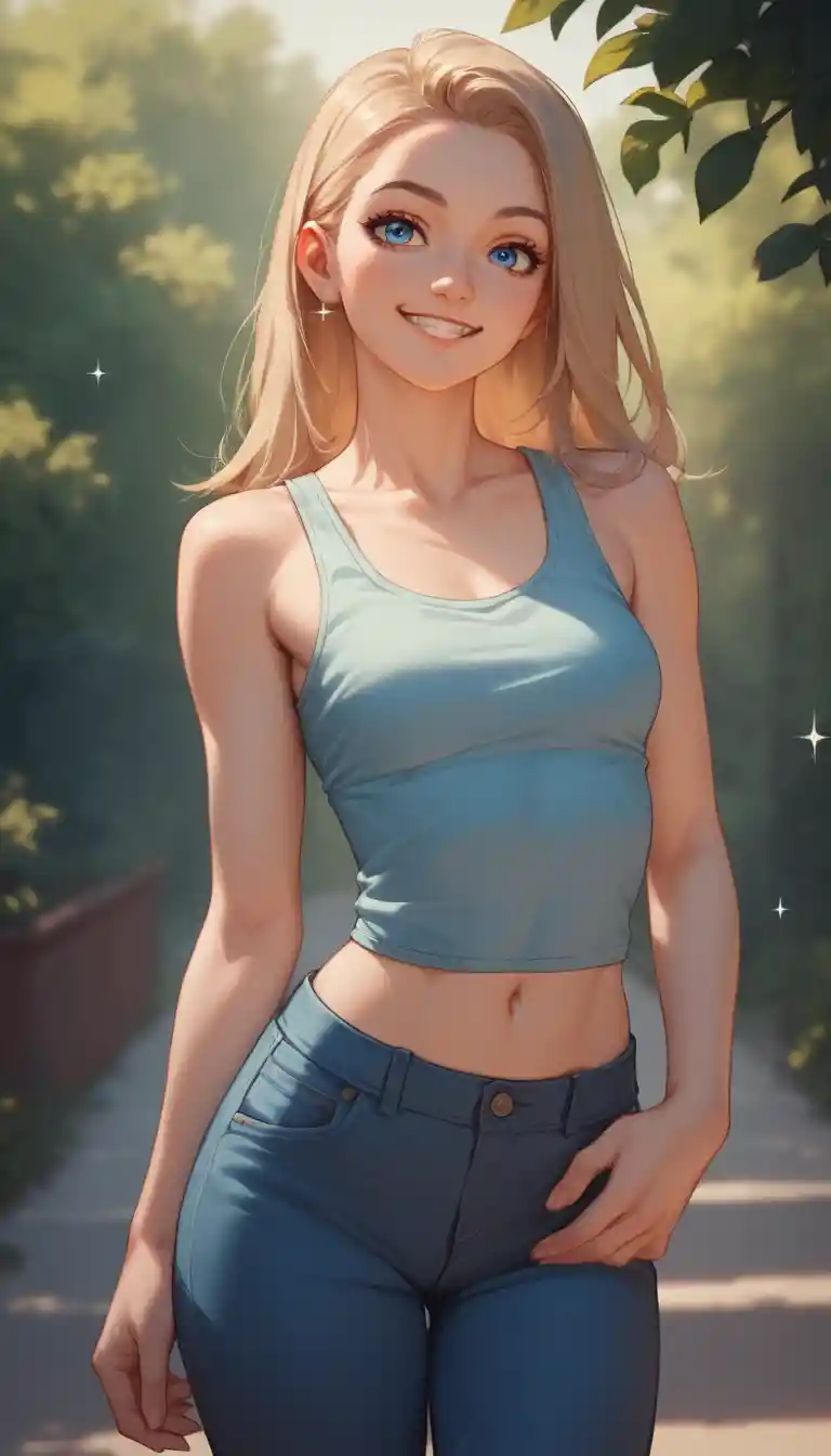 Chica escolar de anime con brillantes ojos azules en atuendo casual