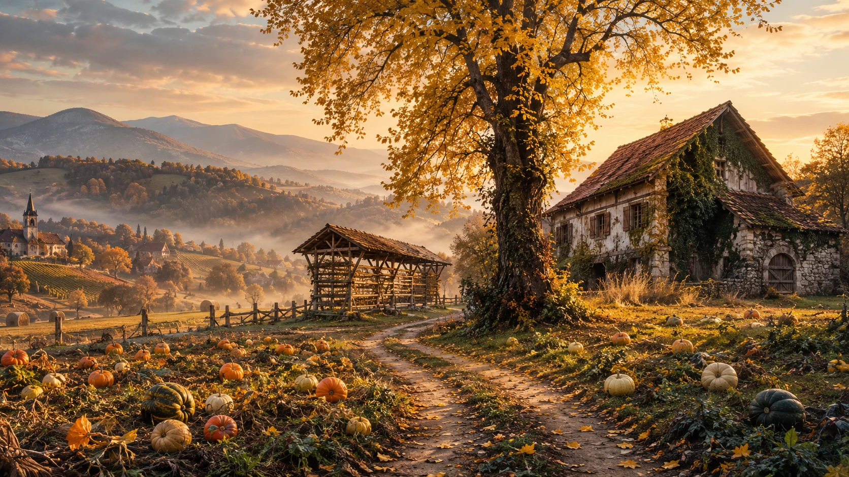 Autumn pumpkin field in the Slovenian countryside at dusk