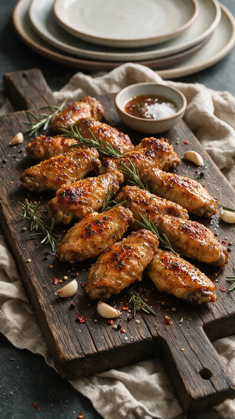 Glazed chicken wings on rustic wood with herbs and sauces