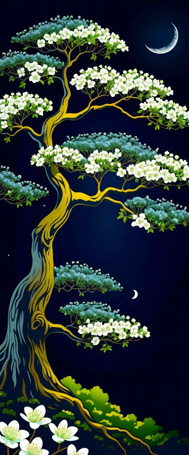 Albero verde fiorito alla luce della luna su sfondo blu scuro