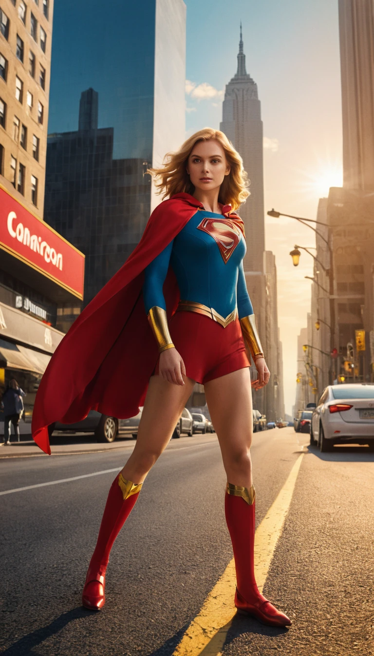 Mujer de pie en una calle de ciudad en una escena heroica de campaña 3D