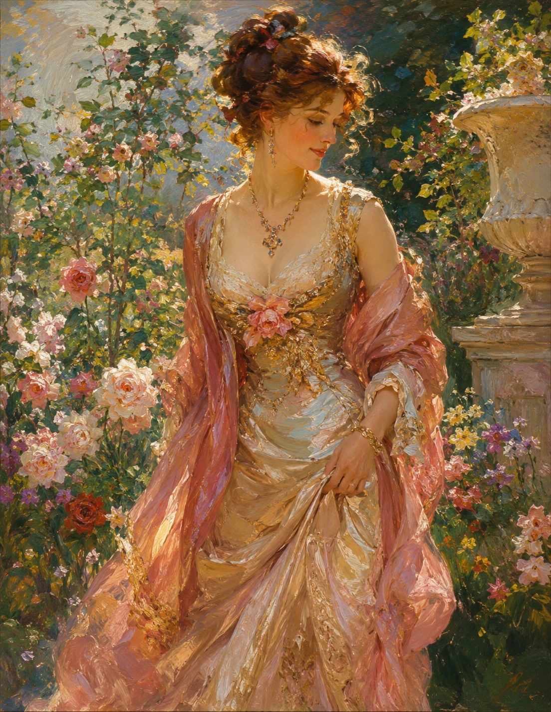 Mujer elegante con seda caminando por un jardín de flores