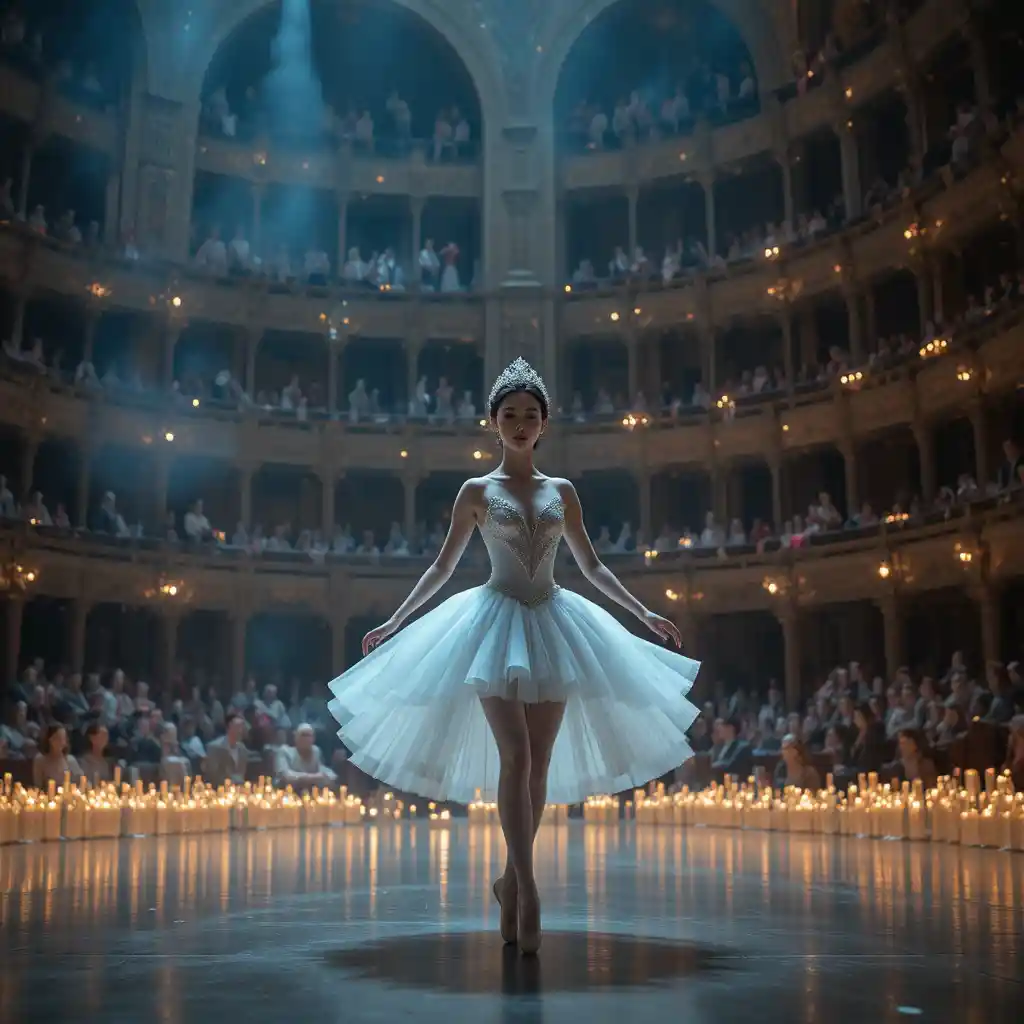Ballerina con tutù su un grande palco teatrale illuminato da candele