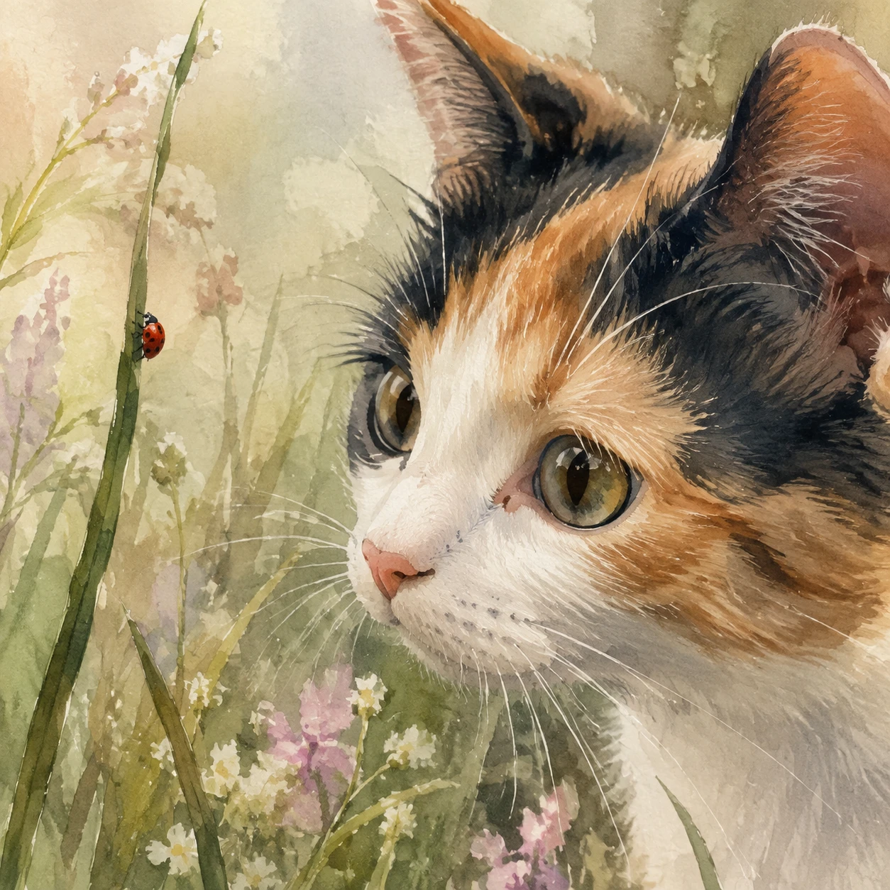 Aquarell-Nahaufnahme einer dreifarbigen Katze, die einen Marienkäfer beobachtet