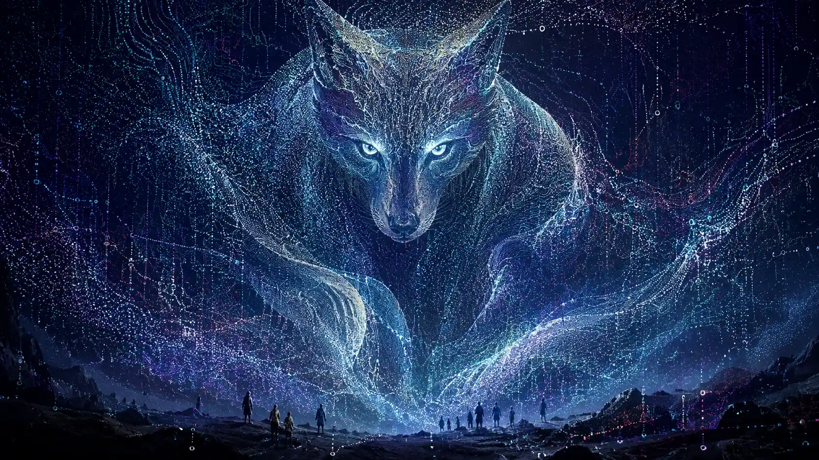 Luminous creature emerging from chaotic data storm landscape