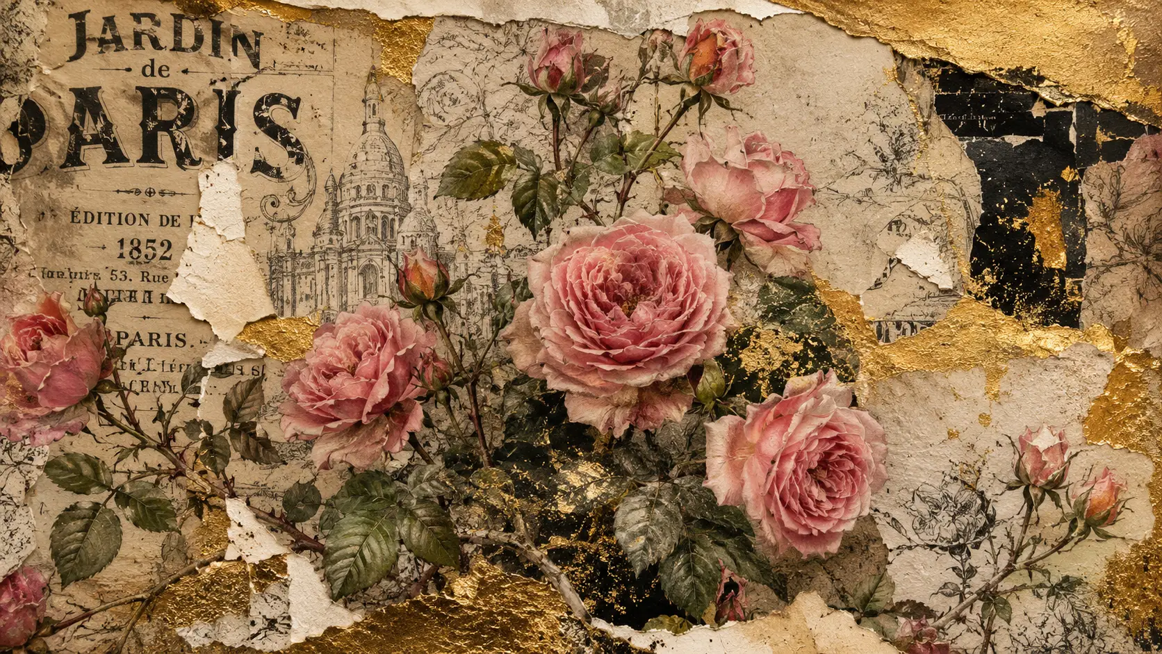 Climbing roses on torn vintage collage with sanded paper