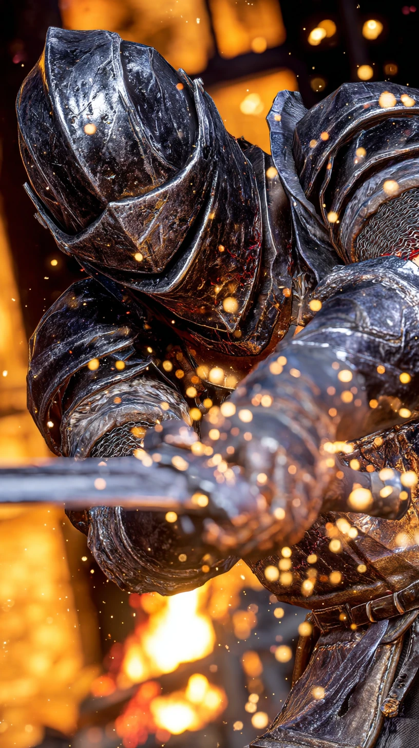 Armored knight unleashing a fiery sword strike in ruins