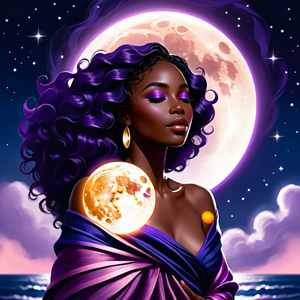 Black woman holding a glowing moon in cosmic colors