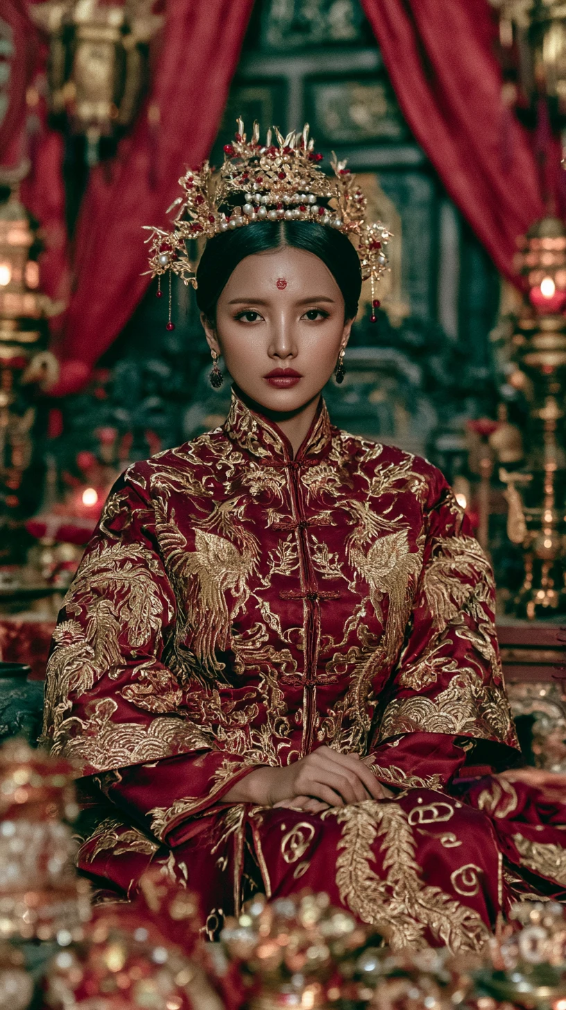 Ancient Chinese noble woman in red silk palace portrait