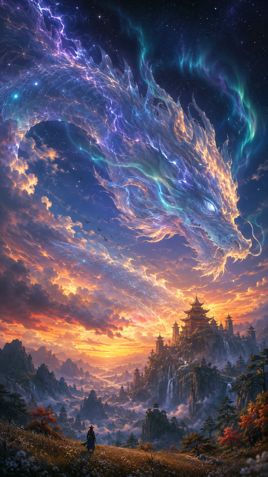 Cielo translúcido con forma de dragón sobre templos lejanos en la montaña