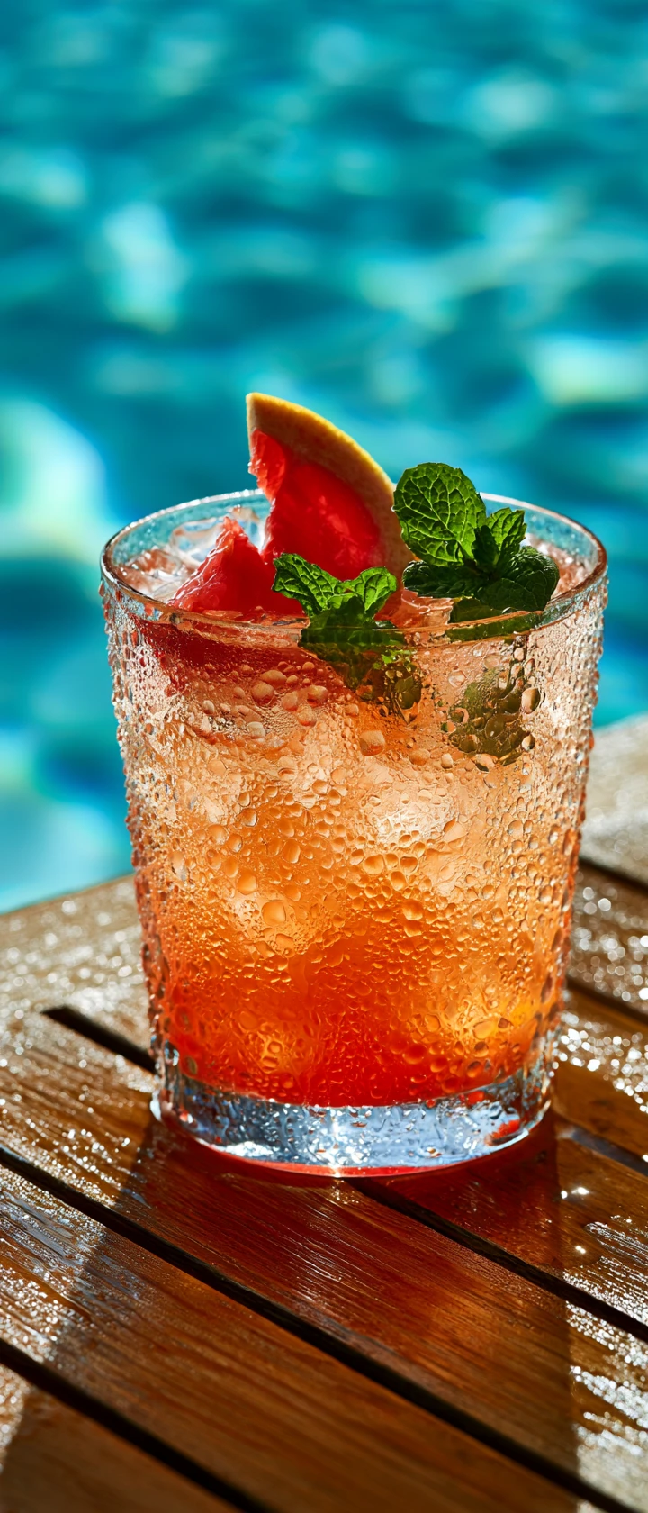 Artisanal citrus mocktail on a sunlit poolside table