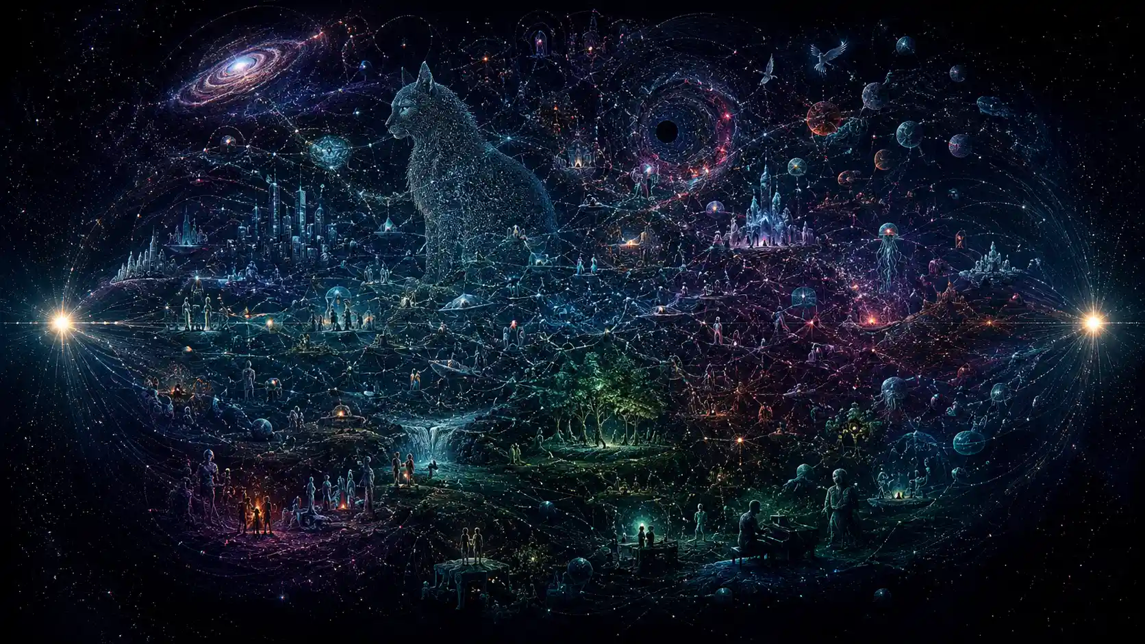 Two Luminous Points Framing A Vast Surreal Universe