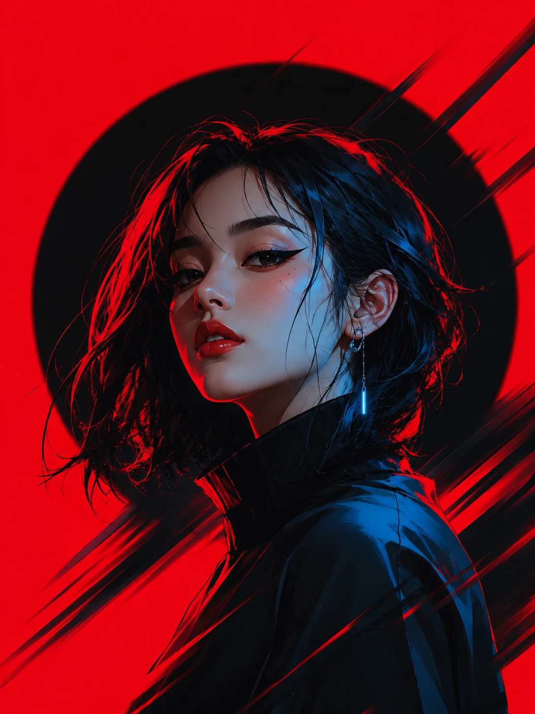 霓虹燈照亮的女子肖像，強烈眼線與陰影