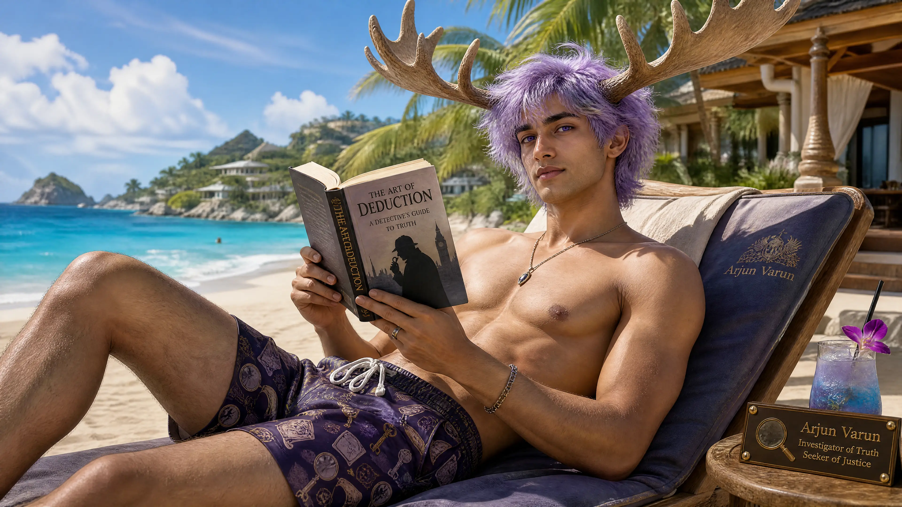 Fantasy man reading on a lounge chair at tropical beach